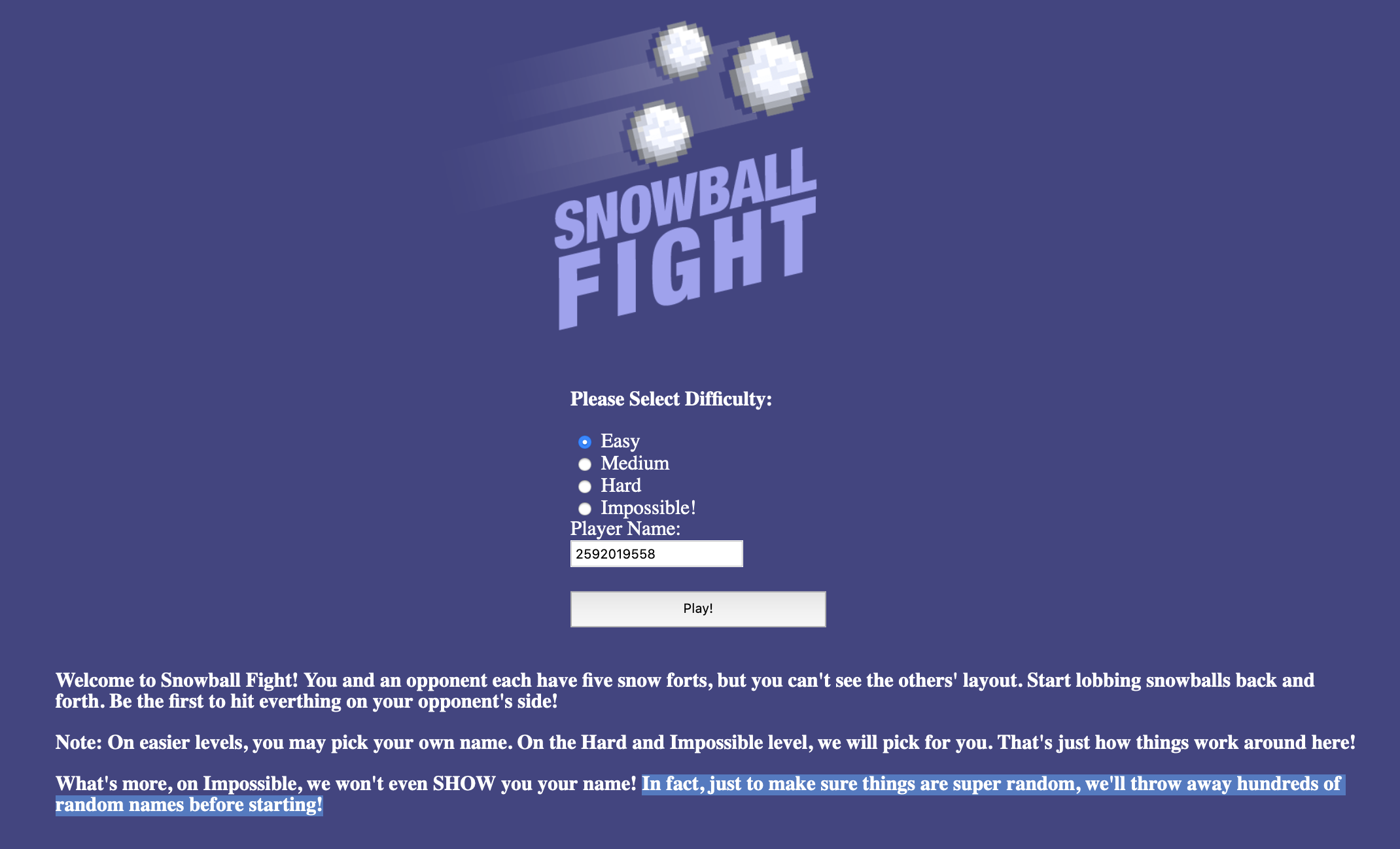 SnowBall Game Welcome